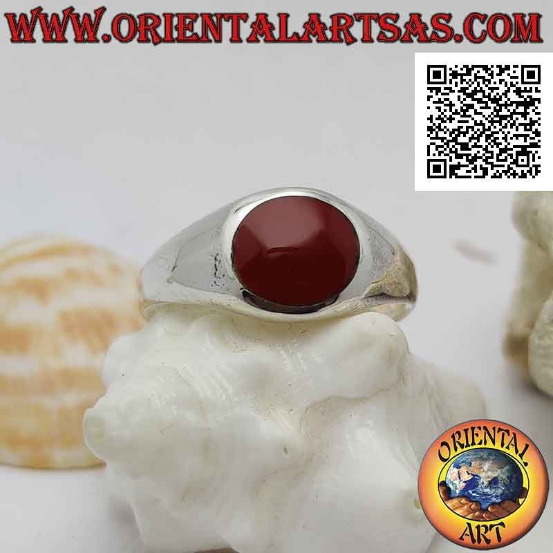 Slightly rounded smooth silver ring with round 8 Ø borbo wire carnelian
