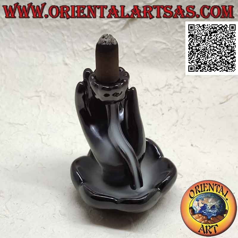 "Buddha's hand in lotus flower" cone incense burner for cascading smoke effect, in ceramic