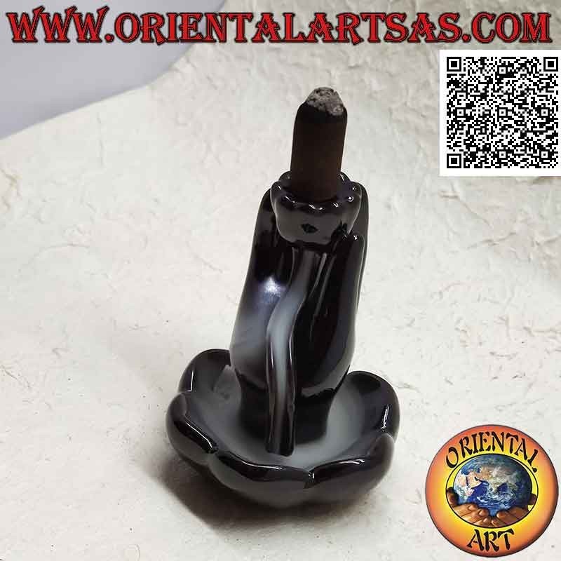 Bruciatore per incensi a cono "mano di Buddha nel fiore di loto" per effetto cascata di fumo, in ceramica