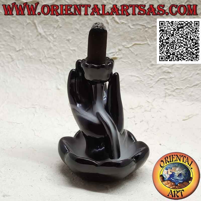 "Buddha's hand in lotus flower" cone incense burner for cascading smoke effect, in ceramic
