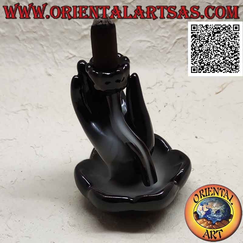 Bruciatore per incensi a cono "mano di Buddha nel fiore di loto" per effetto cascata di fumo, in ceramica