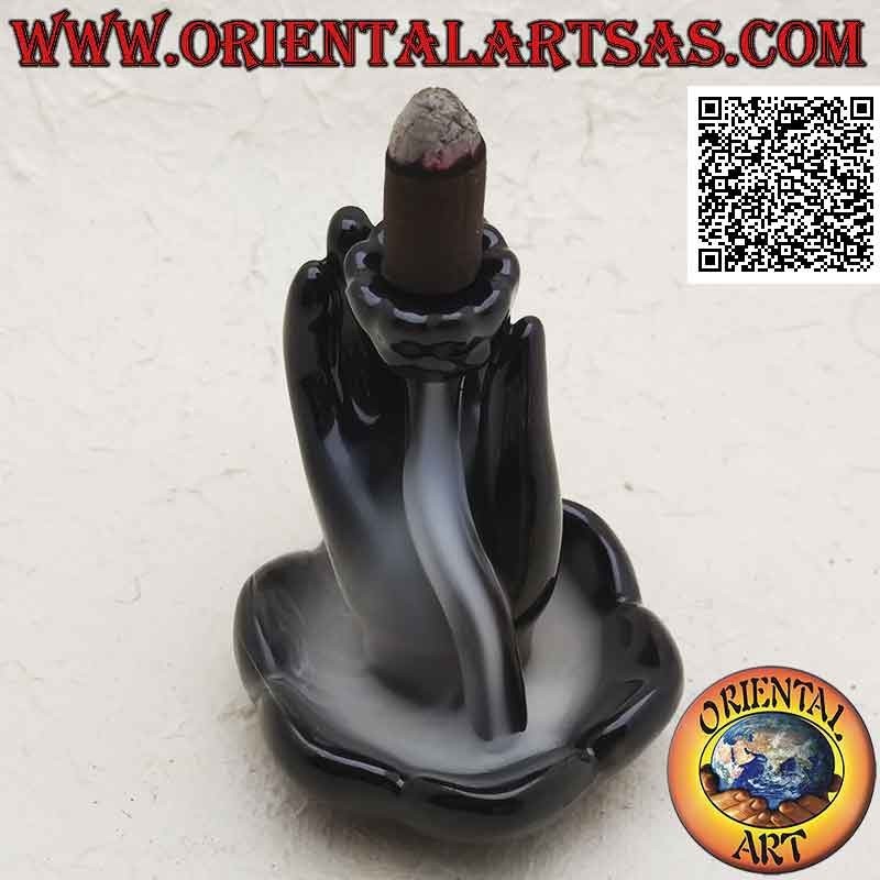 Bruciatore per incensi a cono "mano di Buddha nel fiore di loto" per effetto cascata di fumo, in ceramica