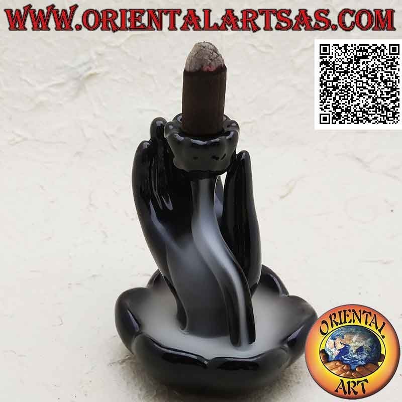 "Buddha's hand in lotus flower" cone incense burner for cascading smoke effect, in ceramic