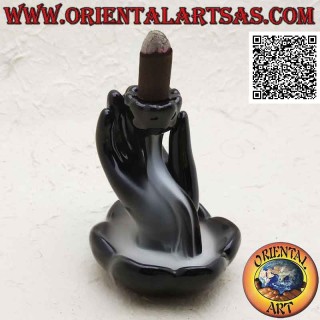 Quemador de incienso cónico "Mano de Buda en flor de loto" para efecto de humo en cascada, en cerámica