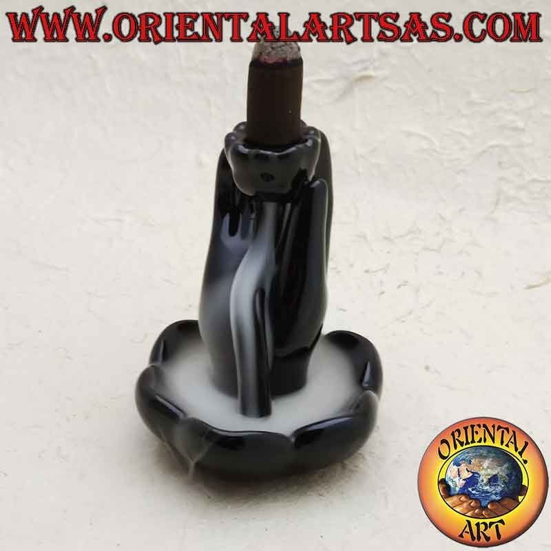 "Buddha's hand in lotus flower" cone incense burner for cascading smoke effect, in ceramic