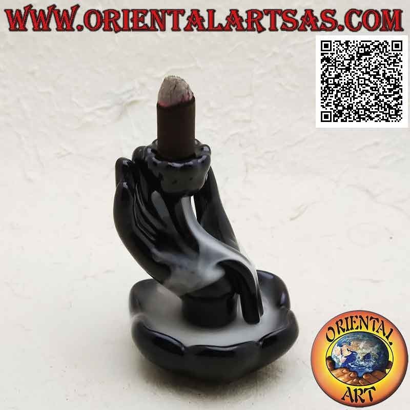 "Buddha's hand in lotus flower" cone incense burner for cascading smoke effect, in ceramic