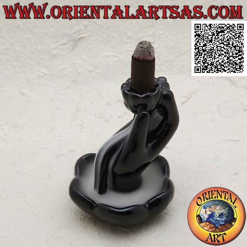 "Buddha's hand in lotus flower" cone incense burner for cascading smoke effect, in ceramic