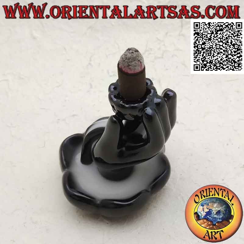 Bruciatore per incensi a cono "mano di Buddha nel fiore di loto" per effetto cascata di fumo, in ceramica