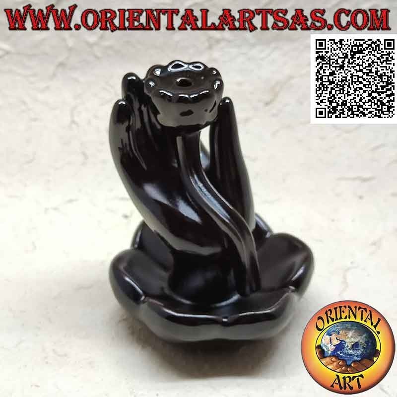 Bruciatore per incensi a cono "mano di Buddha nel fiore di loto" per effetto cascata di fumo, in ceramica