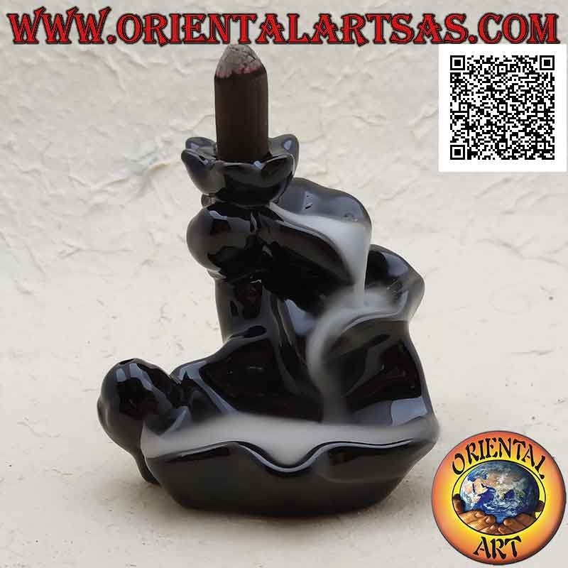 Cone shaped incense burner in the shape of a fountain of leaves for cascading smoke effect, in ceramic