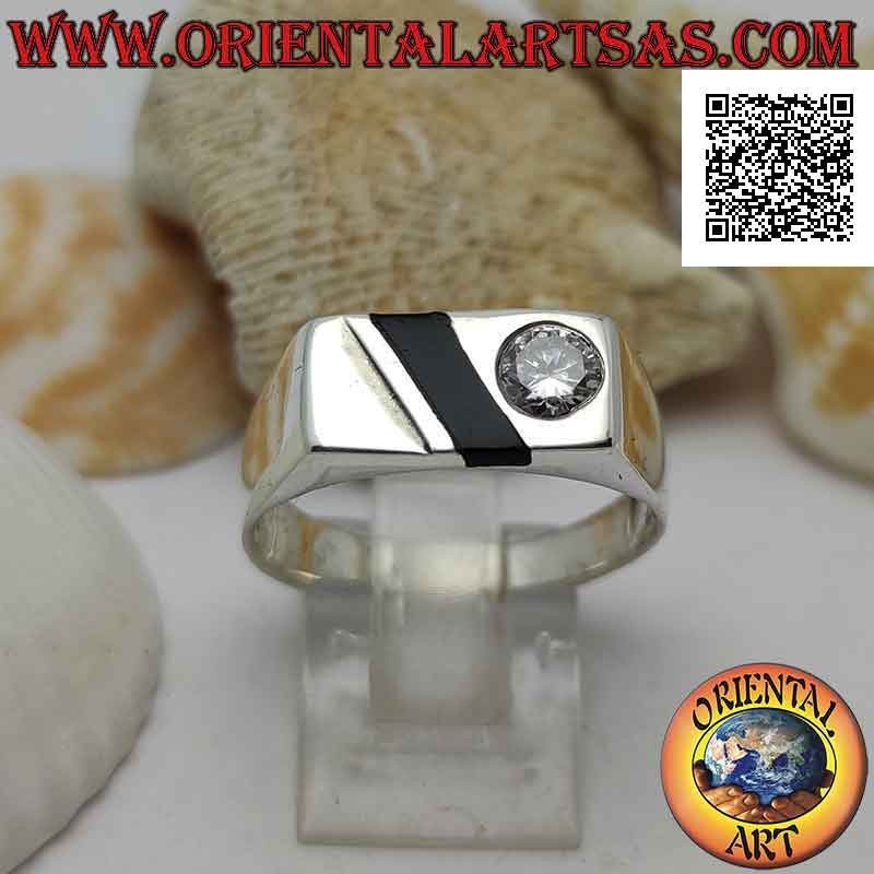 Anillo de plata lisa de estilo elegante con banda de ónix y circonita blanca redonda