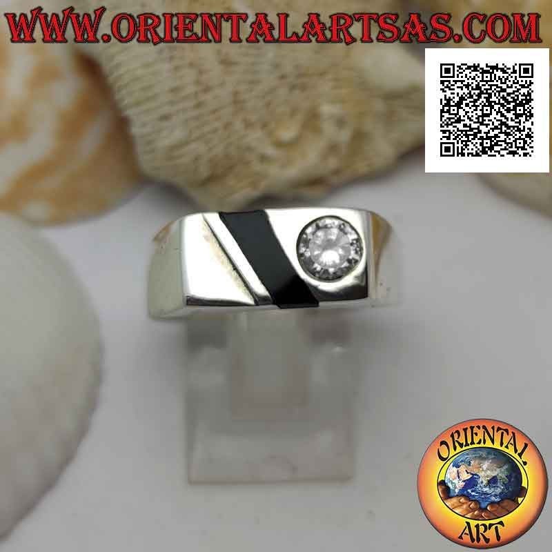 Bague en argent lisse de style élégant avec bande onyx et zircon rond blanc