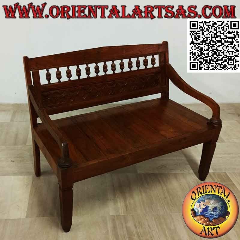 Panca antica con fiori intagliata a mano in legno di teak