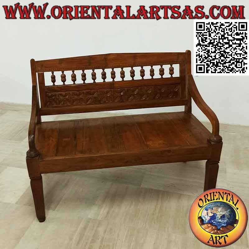 Banc ancien avec fleurs sculptées à la main en bois de teck