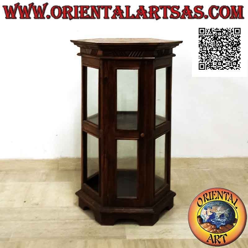 Hexagonal display cabinet with two shelves and oblique lines decoration in teak wood (dark)