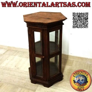 Hexagonal display cabinet with two shelves and oblique lines decoration in teak wood (dark)