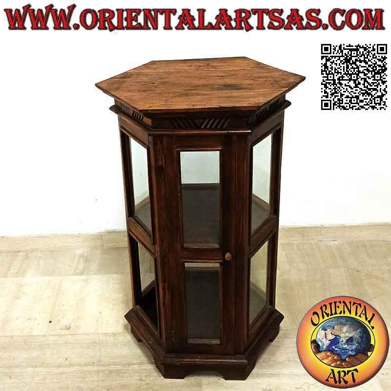 Hexagonal display cabinet with two shelves and oblique lines decoration in teak wood (dark)
