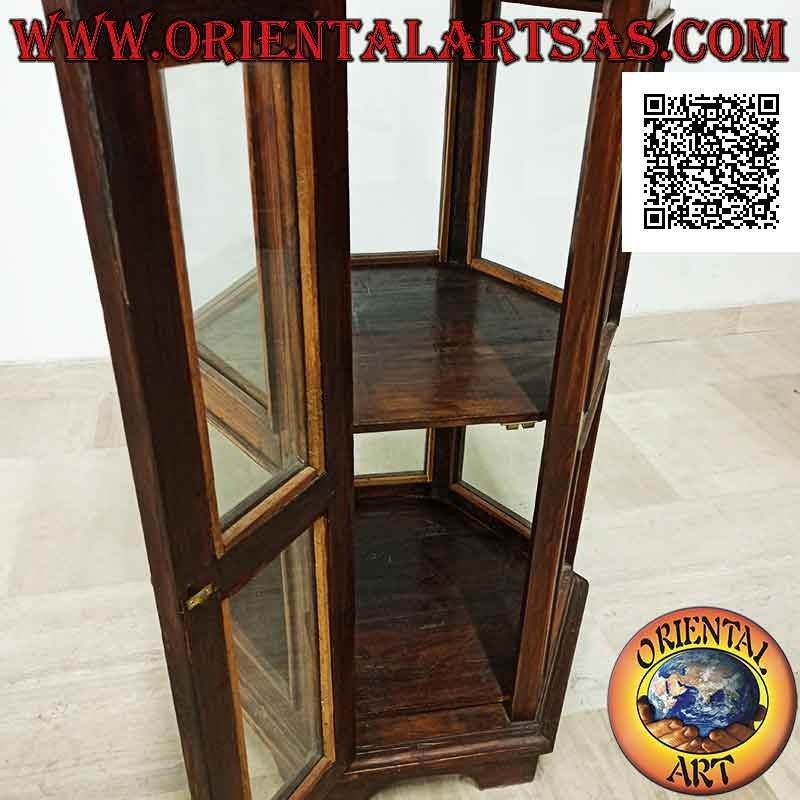 Vitrine hexagonale à deux étagères et décoration lignes obliques en bois de teck (foncé)