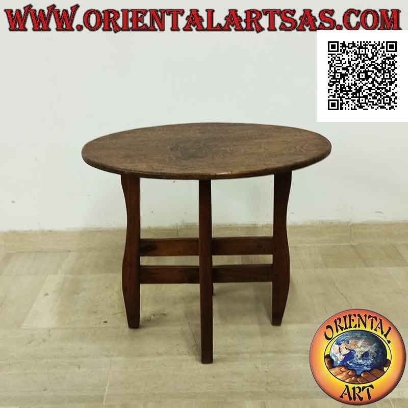 Round table with four legs (single piece top) in antique teak wood (70 cm Ø)