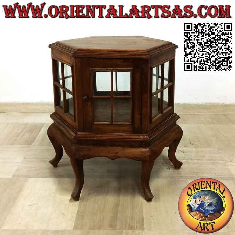 Vitrine hexagonale (style bar) en bois de teck