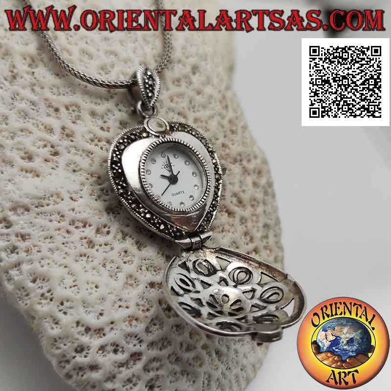 Silver pocket quartz watch pendant with heart-shaped perforated and marcasite decorations