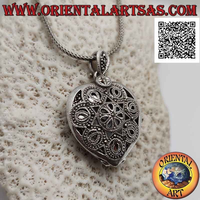 Silver pocket quartz watch pendant with heart-shaped perforated and marcasite decorations