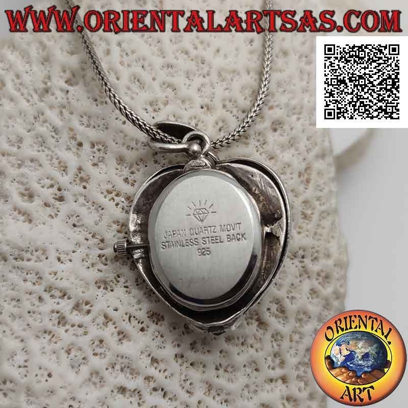 Silver pocket quartz watch pendant with heart-shaped perforated and marcasite decorations