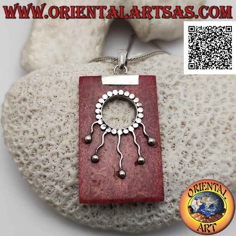 Silver pendant with red coral (coral) rectangular with hole and wavy decoration