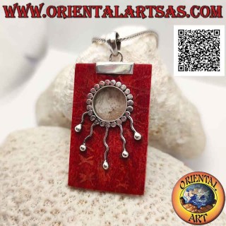 Silver pendant with red coral (coral) rectangular with hole and wavy decoration