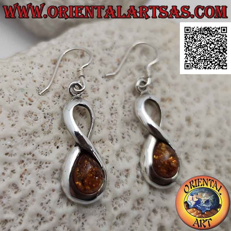 Pendientes de gancho de plata lisos en forma de infinito con ámbar gota de cabujón en uno de los dos círculos