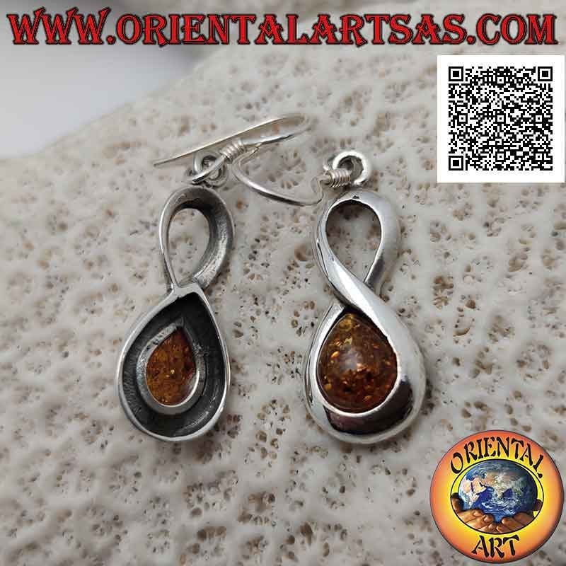 Glatte unendlich geformte silberne Hakenohrringe mit Cabochon Drop Amber in einem der beiden Kreise