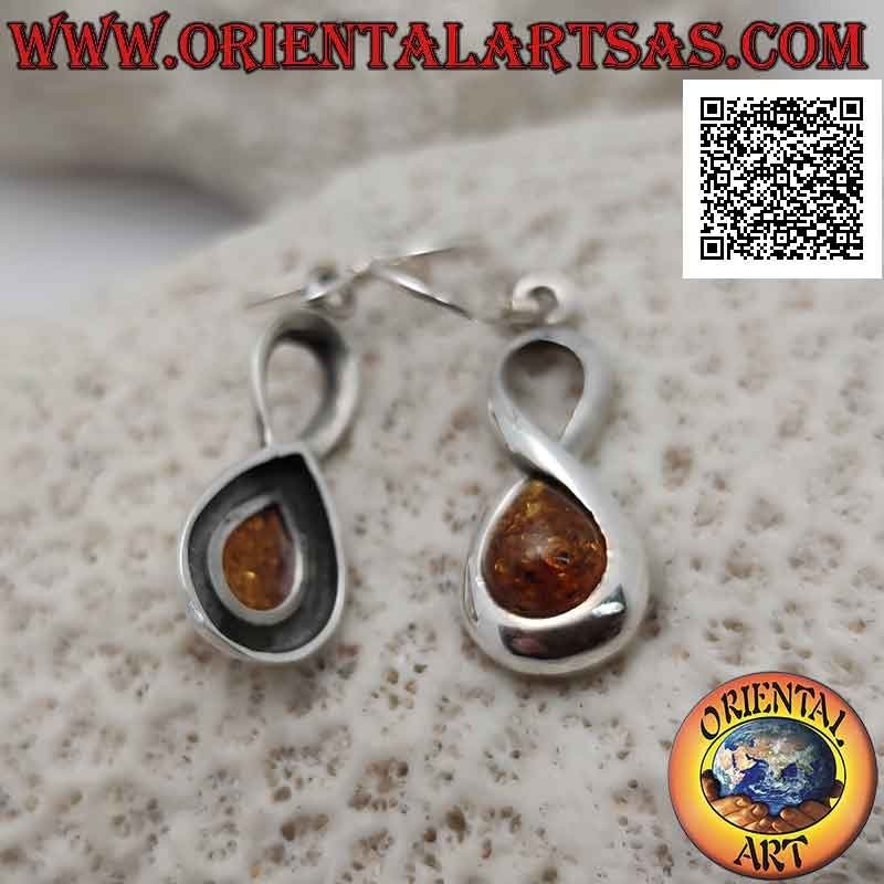 Smooth infinity-shaped silver hook earrings with cabochon drop amber in one of the two circles