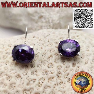 Silver earrings with amethyst-colored zircon, horizontal oval faceted