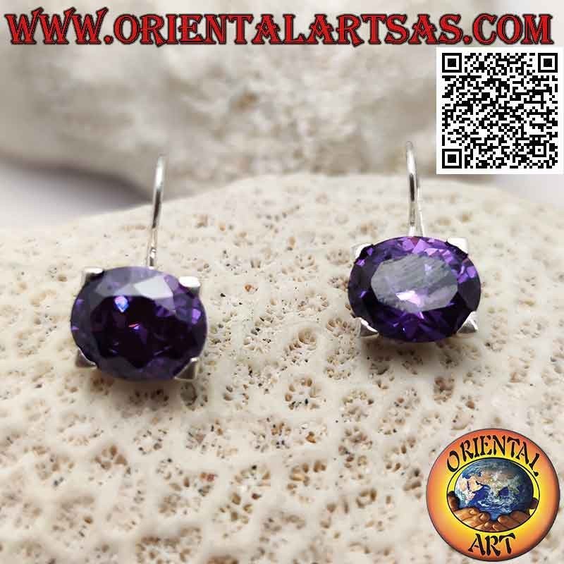 Silver earrings with amethyst-colored zircon, horizontal oval faceted