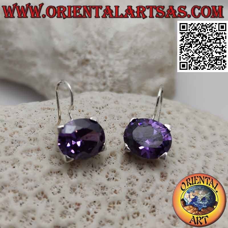 Silver earrings with amethyst-colored zircon, horizontal oval faceted