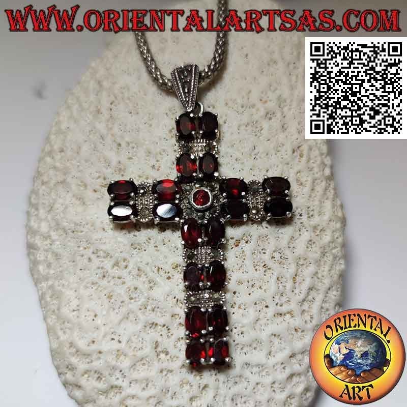 Silver Christian cross pendant with two rows of natural oval garnets alternating with marcasite