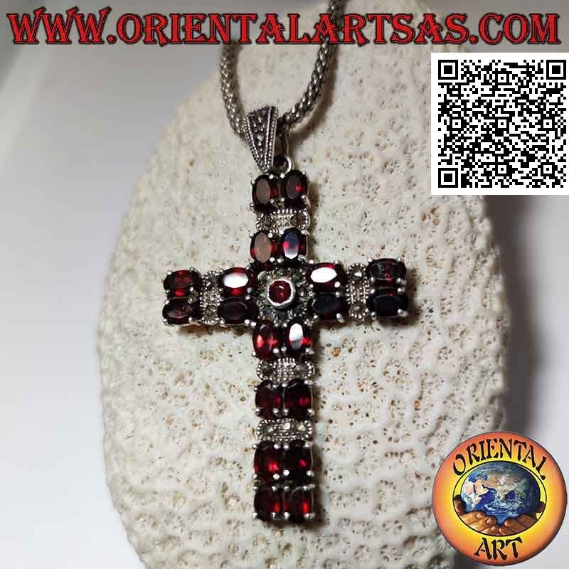 Silver Christian cross pendant with two rows of natural oval garnets alternating with marcasite