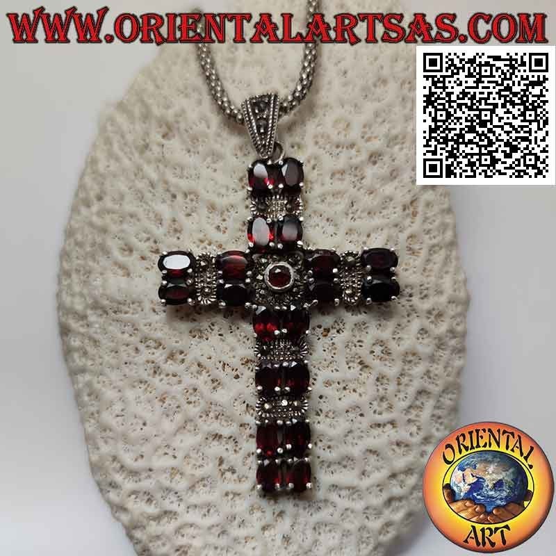 Silver Christian cross pendant with two rows of natural oval garnets alternating with marcasite