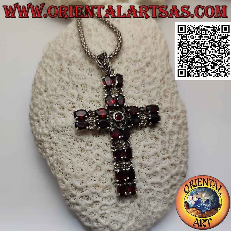 Silver Christian cross pendant with two rows of natural oval garnets alternating with marcasite