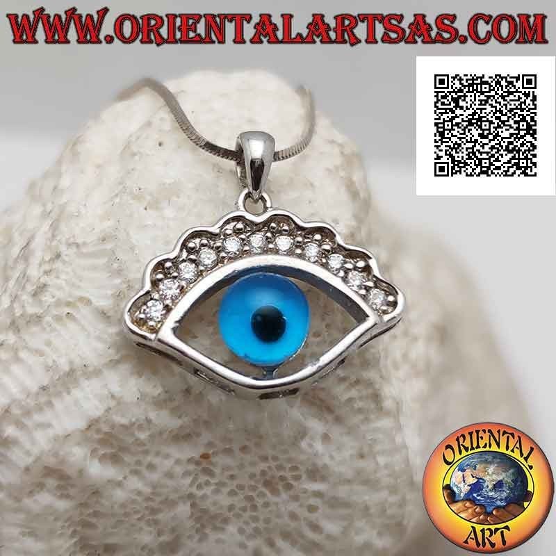 Ciondolo in argento, occhio di Allah (amuleto contro il malocchio e la sfortuna) con sopracciglia di zirconi