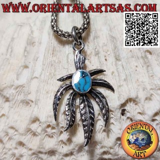 Pendentif en argent, feuille de marijuana inversée avec ovale central turquoise