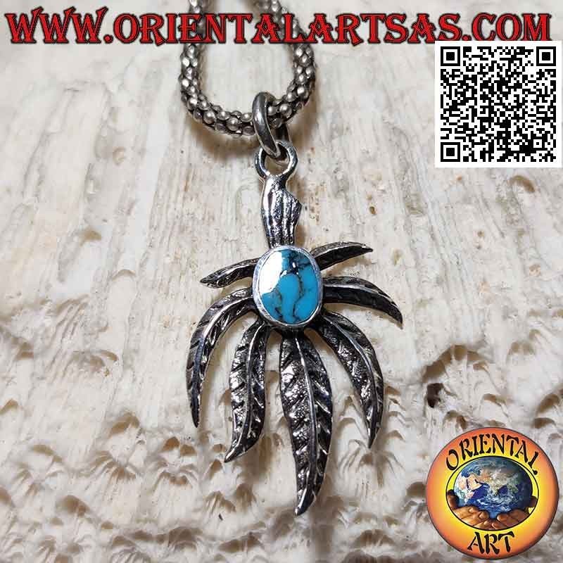 Pendentif en argent, feuille de marijuana inversée avec ovale central turquoise