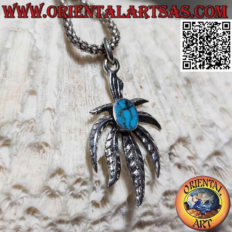 Pendentif en argent, feuille de marijuana inversée avec ovale central turquoise