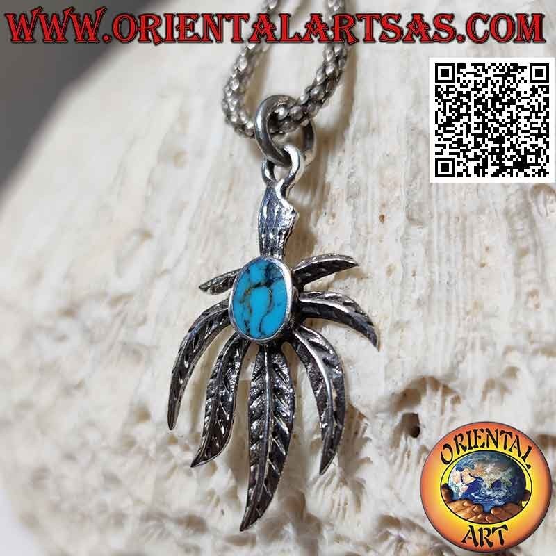 Pendentif en argent, feuille de marijuana inversée avec ovale central turquoise