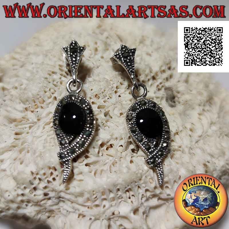 Silver earrings with oval onyx surrounded by a teardrop-shaped marcasite band