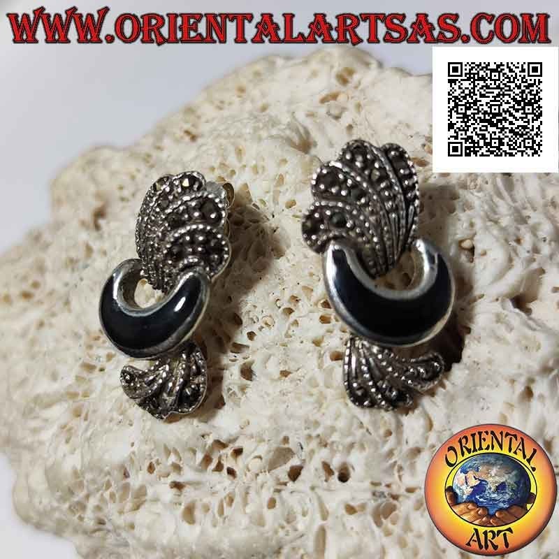 Silver lobe earrings with onyx crescent and curved bands of marcasite