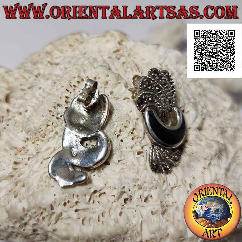 Silver lobe earrings with onyx crescent and curved bands of marcasite