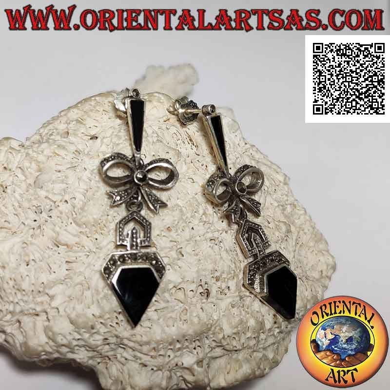 Silver earrings studded with marcasite with bow and onyx in the shape of a diamond