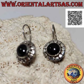 Silver earrings with round cabochon onyx surrounded by smooth studs