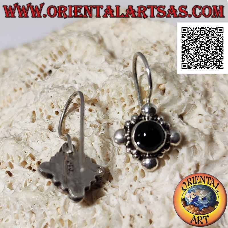 Silver earrings with round cabochon onyx on ethnic setting with sphere on the four cardinal points